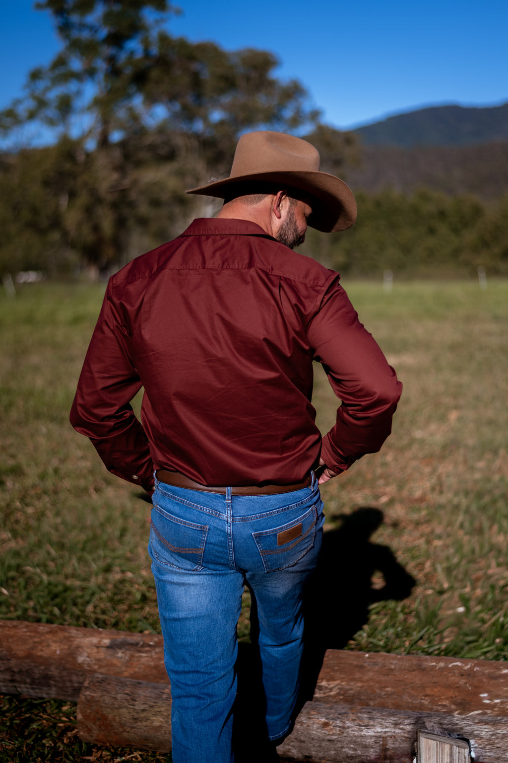 A man wearing a brown cowboy hat, a burgundy long-sleeve shirt, and blue jeans stands with his back to the camera in an outdoor grassy field under a blue sky.